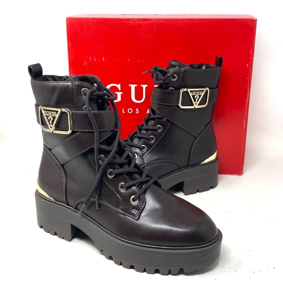 GUESS Flat Combat Booties Dark Brown Faux Leather Women's Size Heel GFFINLEES - Picture 5 of 8